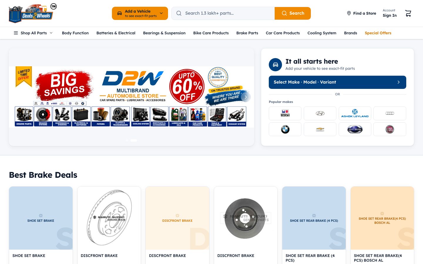 Homepage of the Deals2Wheels website