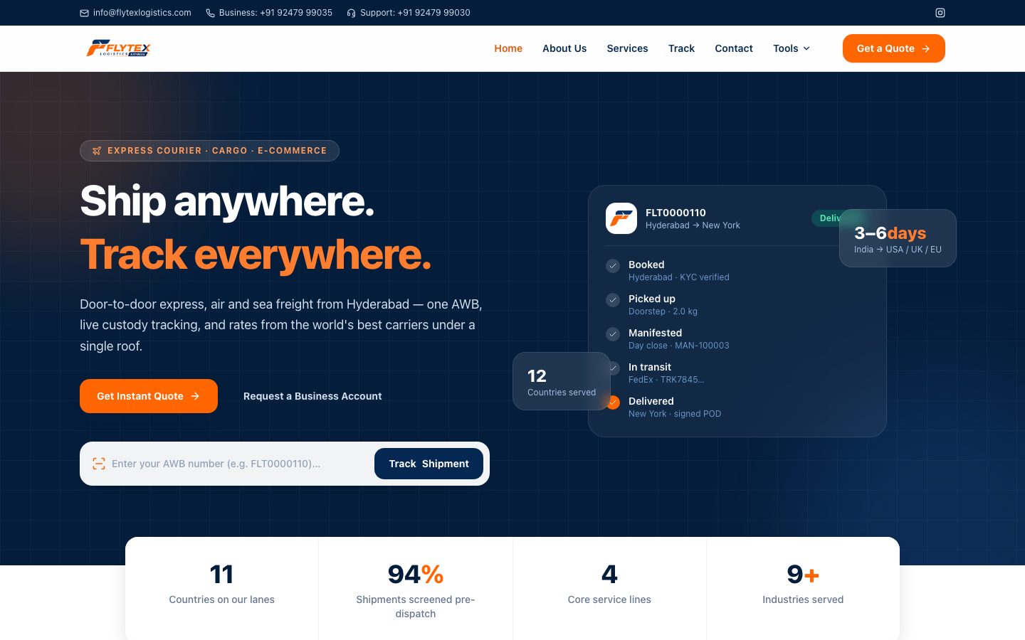 Homepage of the FlyTex Logistics website